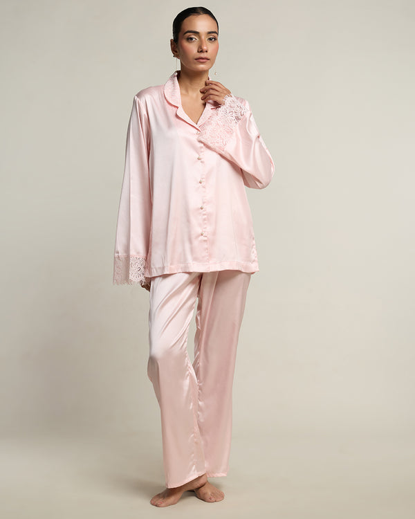 Rosé Satin Relaxed Notched Collar Pyjama Set