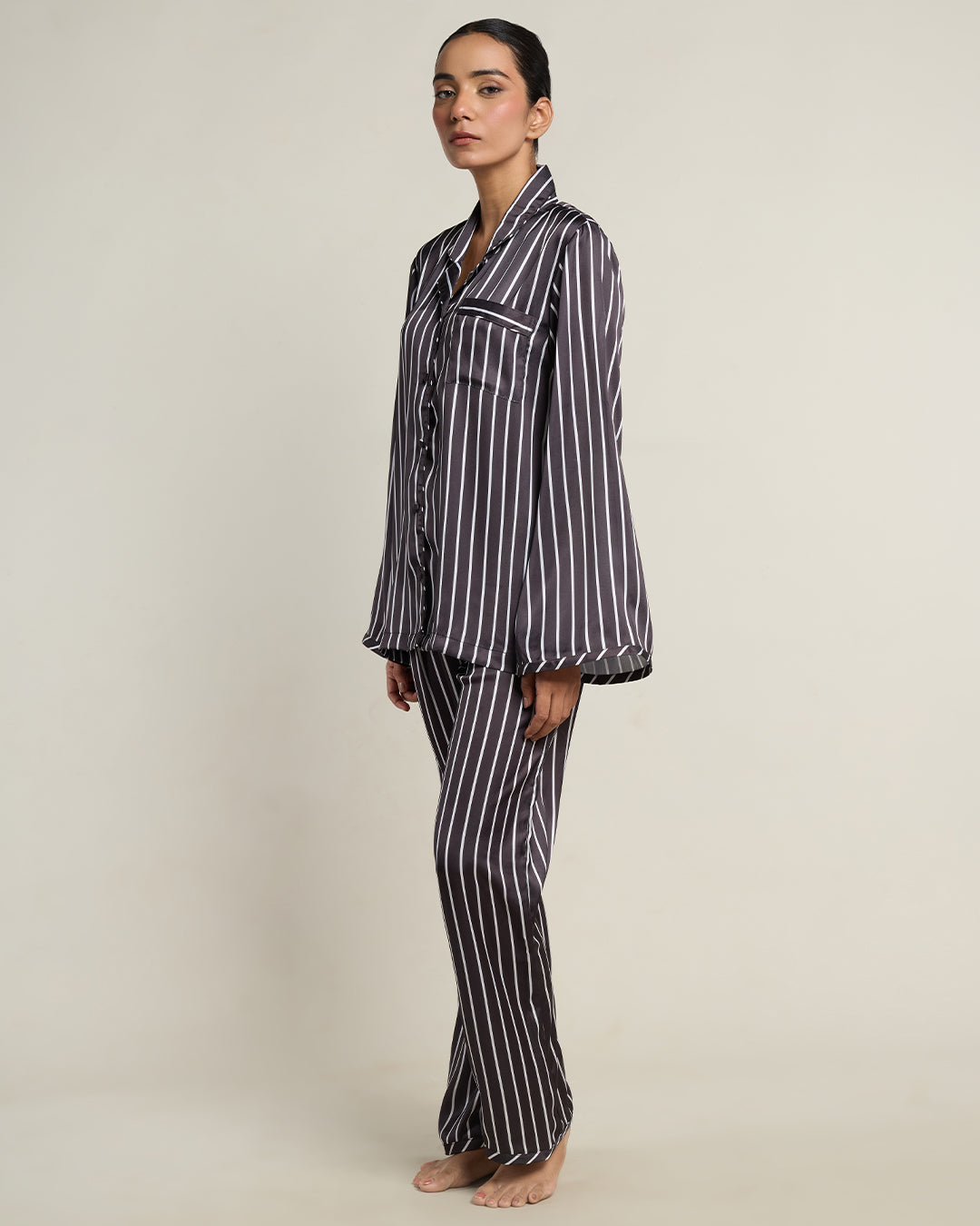 Midnight Whisper Satin Stripe Relaxed Pyjama Set