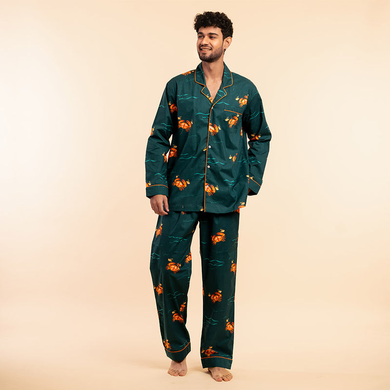 Coastal Crawl Cotton Notched Pyjama Set-Men
