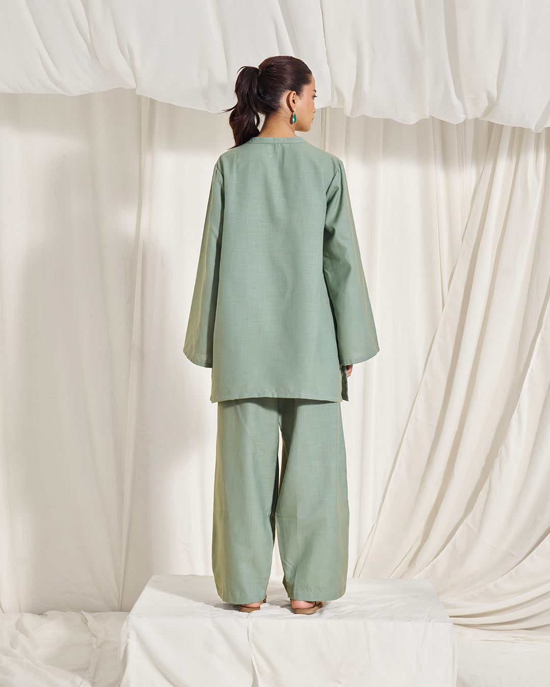 Soft Moss – Aura Set <br> Women's Embroidered Tunic Set with Izhar Pants