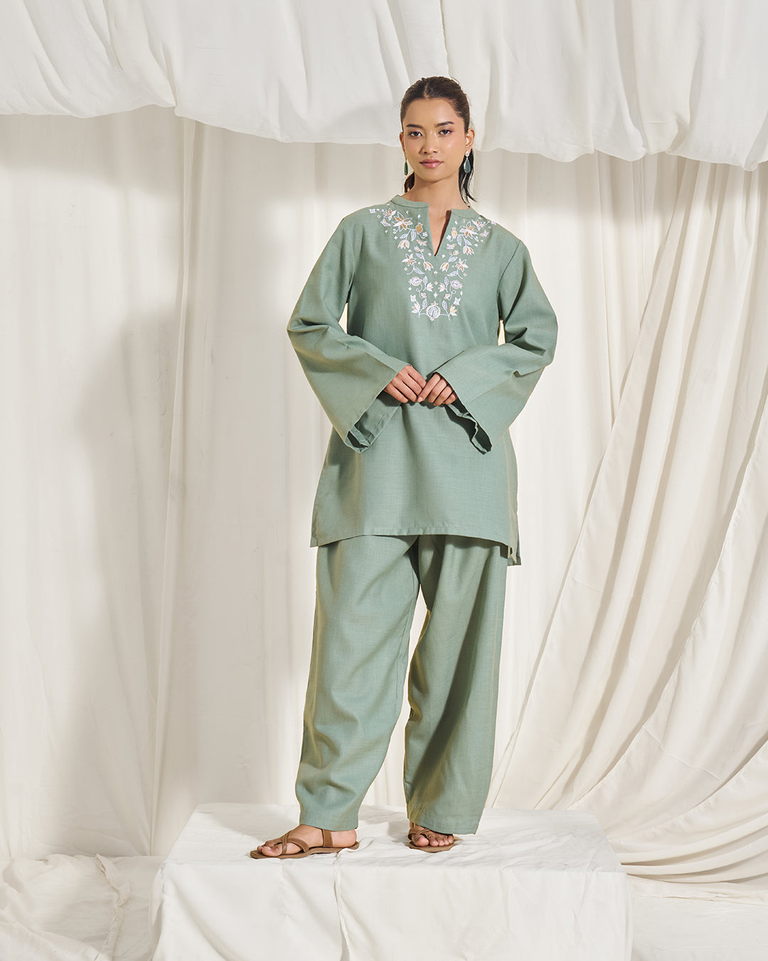 Marigold Glow – Aura Set <br> Women's Embroidered Tunic Set with Izhar Pants