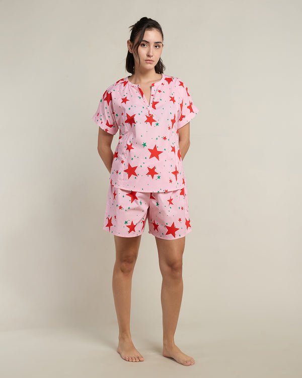 Pink Stardust Cotton Slit Neck Shorts Set