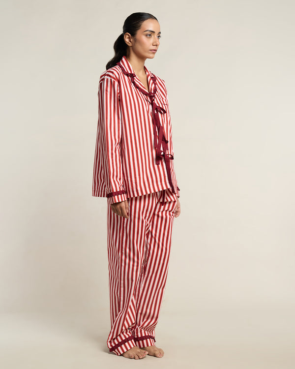 Cranberry Stripe Cotton Notched Collar Pyjama Set