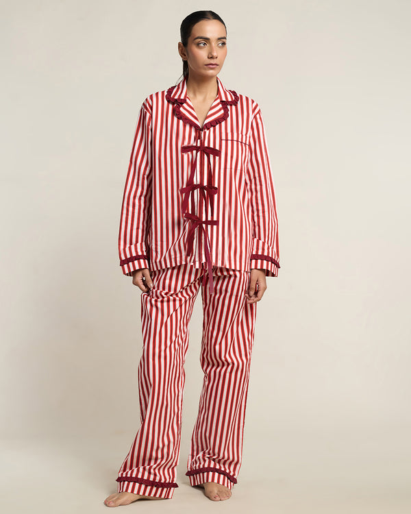 Cranberry Stripe Cotton Notched Collar Pyjama Set