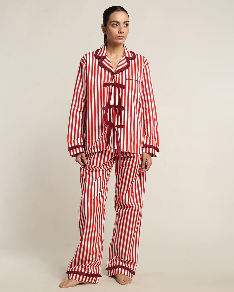 Cranberry Stripe Cotton Notched Collar Pyjama Set