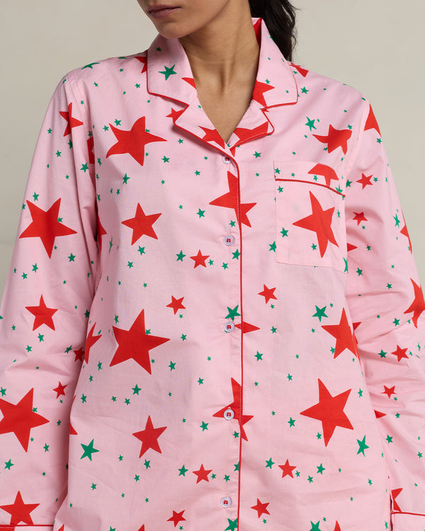 Pink Stardust Cotton Notched Collar Pyjama Set