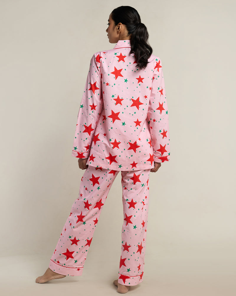 Pink Stardust Cotton Notched Collar Pyjama Set