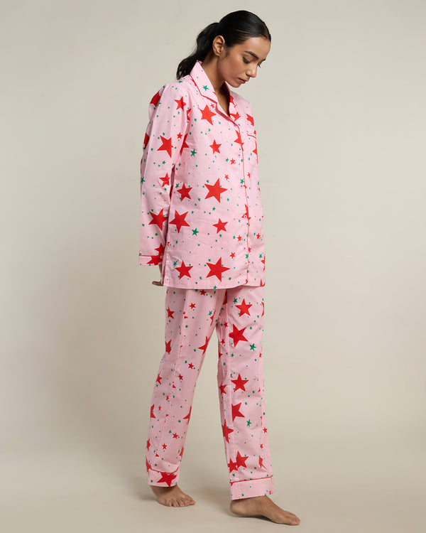 Pink Stardust Cotton Notched Collar Pyjama Set