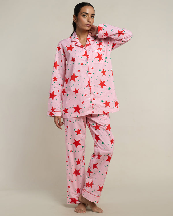 Pink Stardust Cotton Notched Collar Pyjama Set