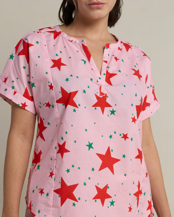 Pink Stardust Cotton Slit Neck Shorts Set