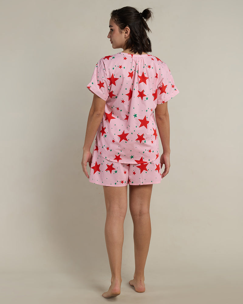 Pink Stardust Cotton Slit Neck Shorts Set