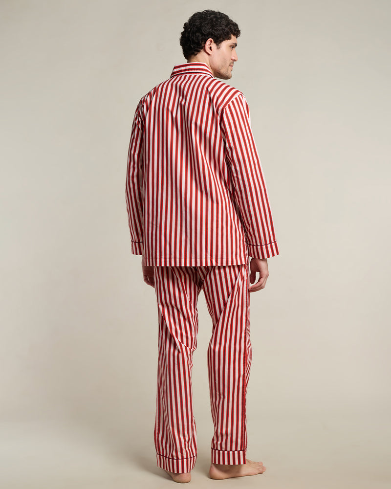Cranberry Stripe Cotton Notched Pyjama Set - Men
