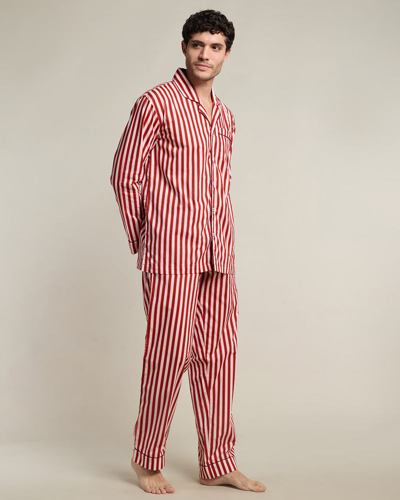 Cranberry Stripe Cotton Notched Pyjama Set - Men