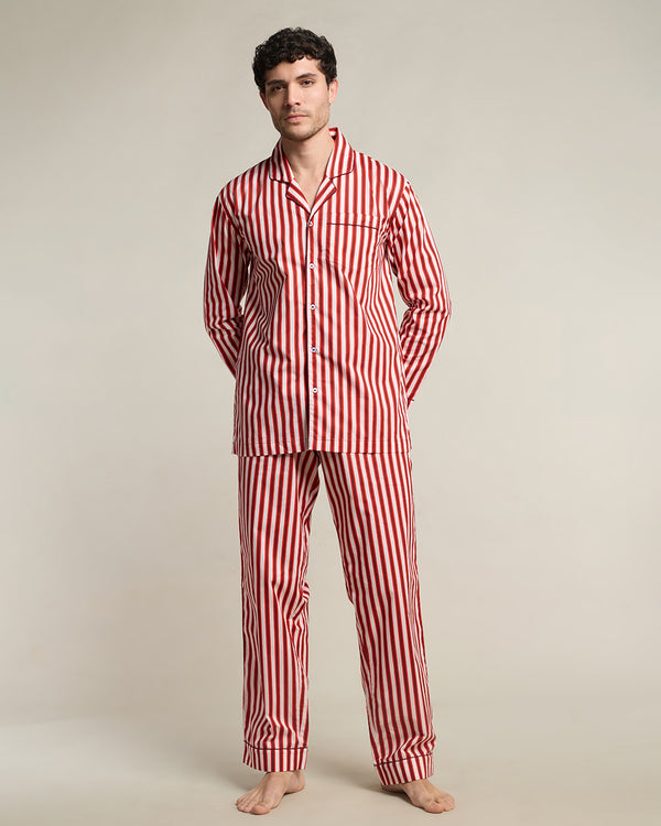 Cranberry Stripe Cotton Notched Pyjama Set - Men