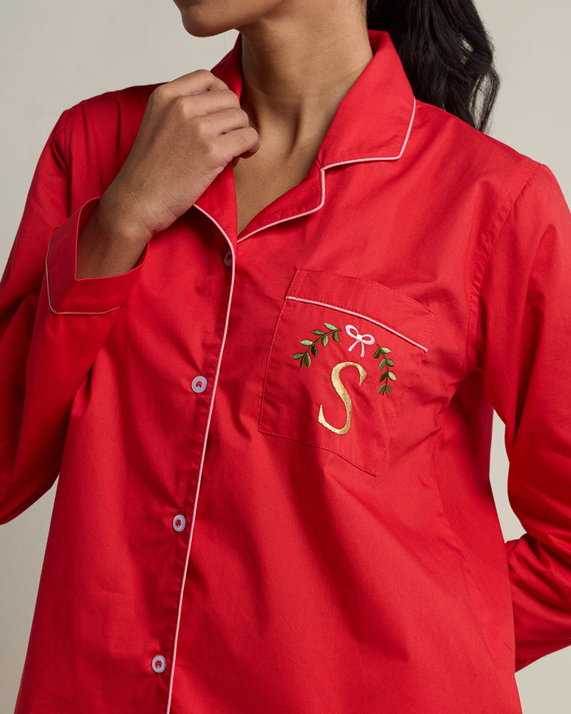 Red Velvet Cotton Notched Collar Pyjama Set