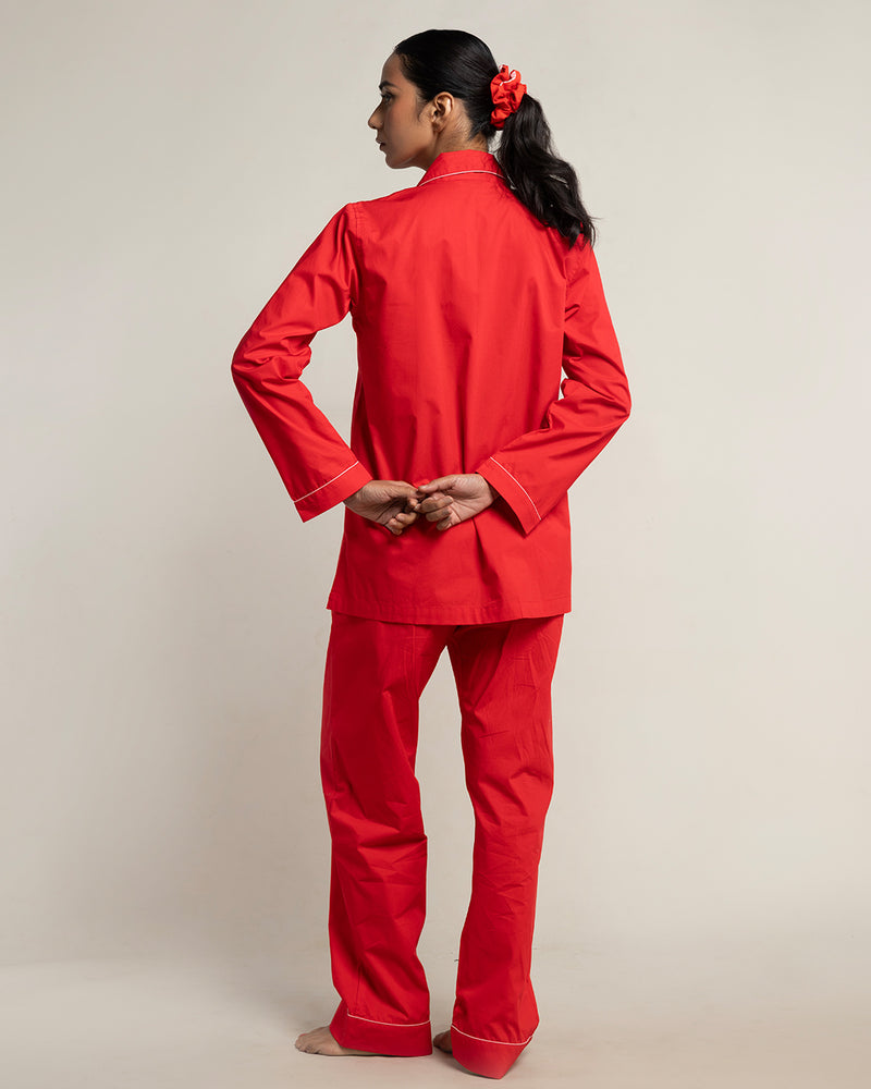 Red Velvet Cotton Notched Collar Pyjama Set