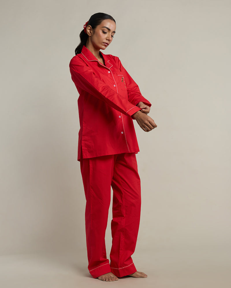 Red Velvet Cotton Notched Collar Pyjama Set