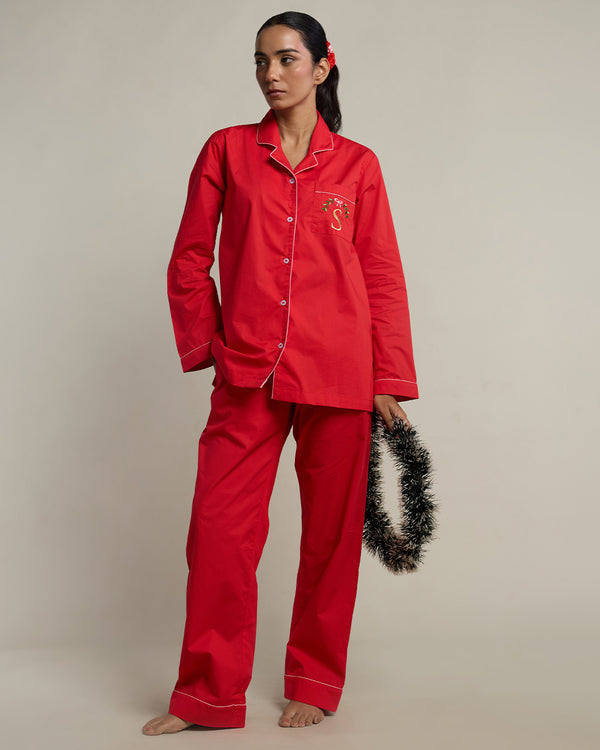 Red Velvet Cotton Notched Collar Pyjama Set