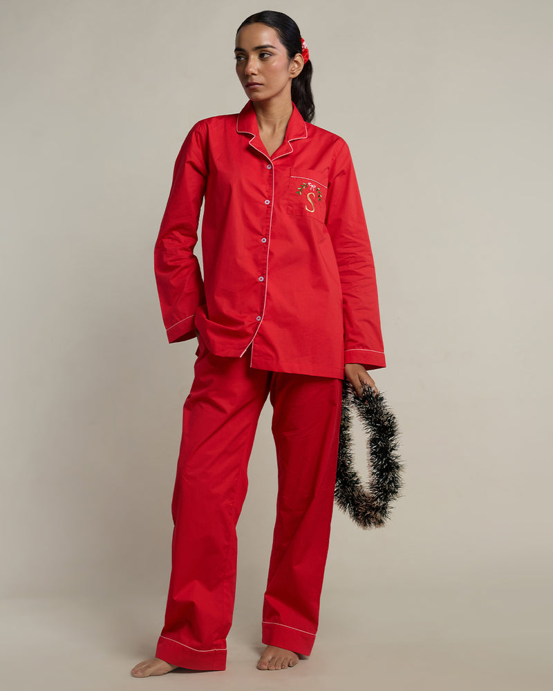Red Velvet Cotton Notched Collar Pyjama Set