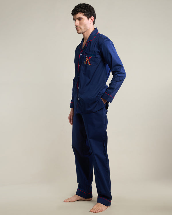Silent Navy Cotton Notched Collar Pyjama Set - Men