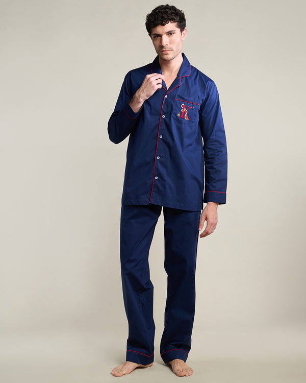 Silent Navy Cotton Notched Collar Pyjama Set - Men