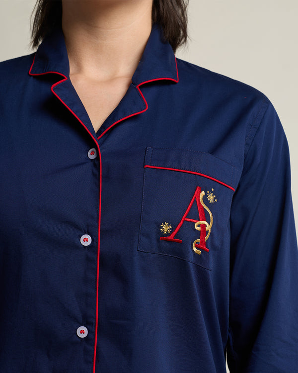 Silent Navy Cotton Notched Collar Pyjama Set