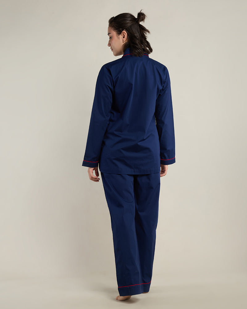 Silent Navy Cotton Notched Collar Pyjama Set
