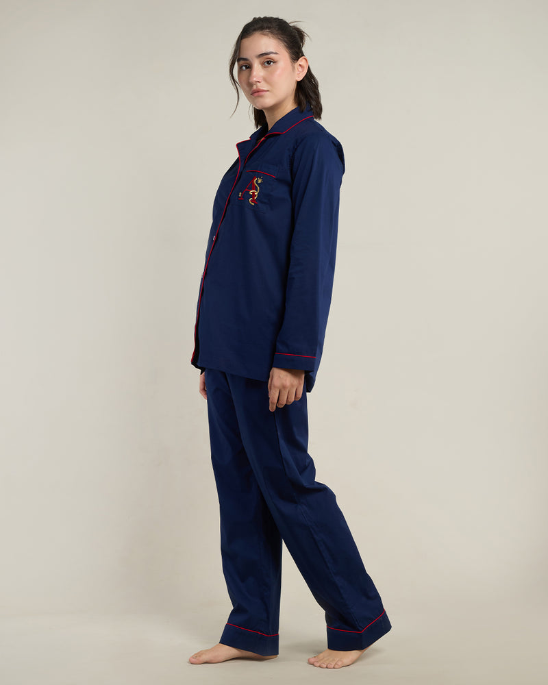 Silent Navy Cotton Notched Collar Pyjama Set