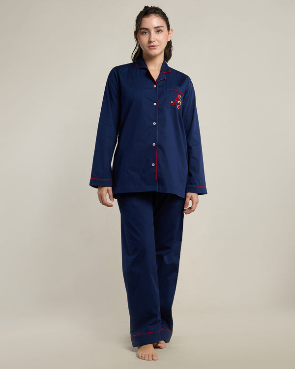 Silent Navy Cotton Notched Collar Pyjama Set
