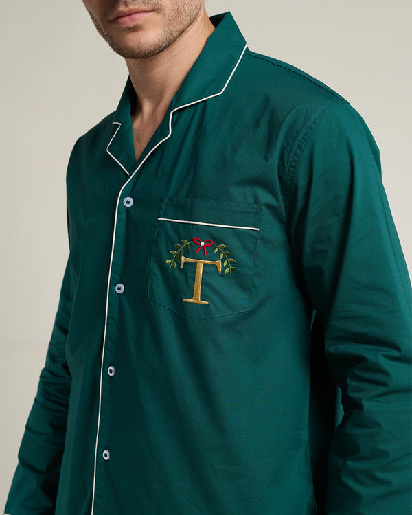 Pine Green Cotton Notched Collar Pyjama Set - Men
