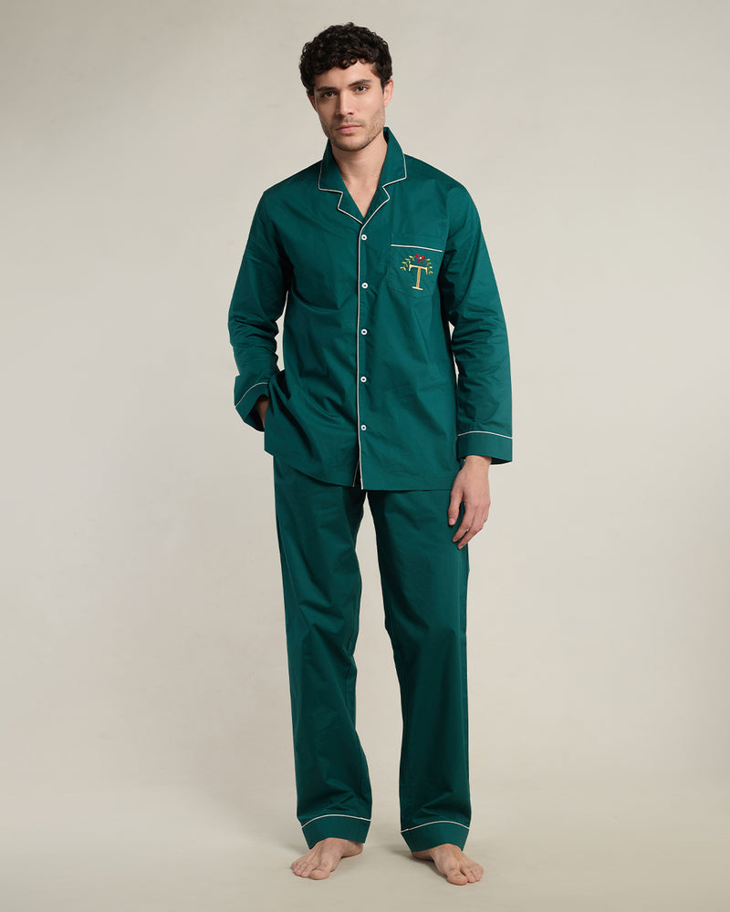 Pine Green Cotton Notched Collar Pyjama Set - Men