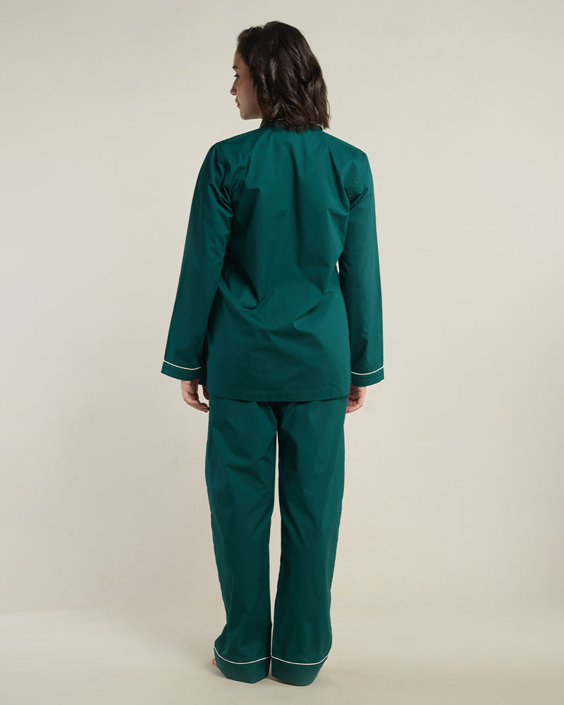 Pine Green Cotton Notched Collar Pyjama Set