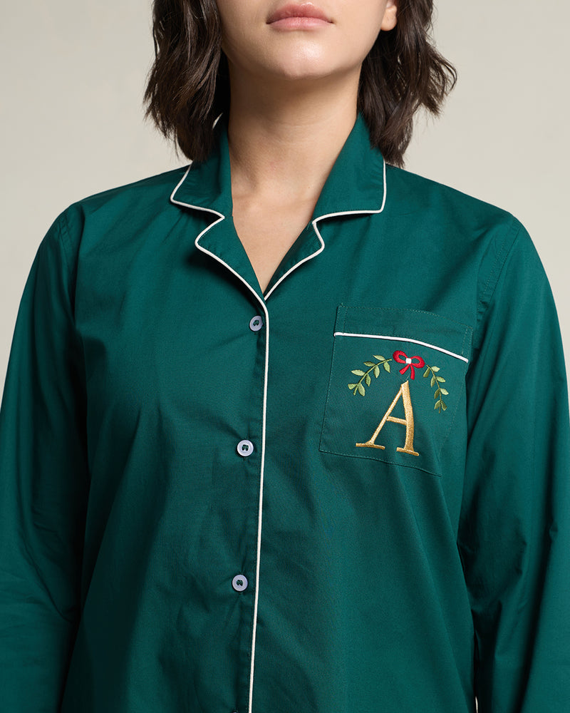 Pine Green Cotton Notched Collar Pyjama Set