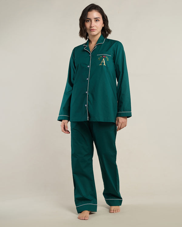 Pine Green Cotton Notched Collar Pyjama Set