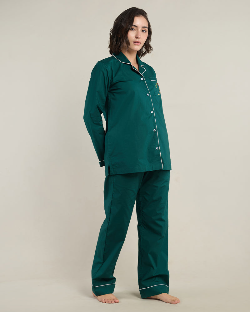 Pine Green Cotton Notched Collar Pyjama Set