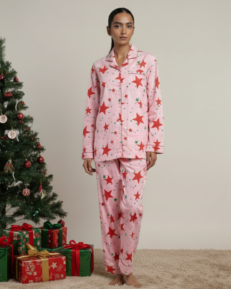 Pink Stardust Cotton Notched Collar Pyjama Set
