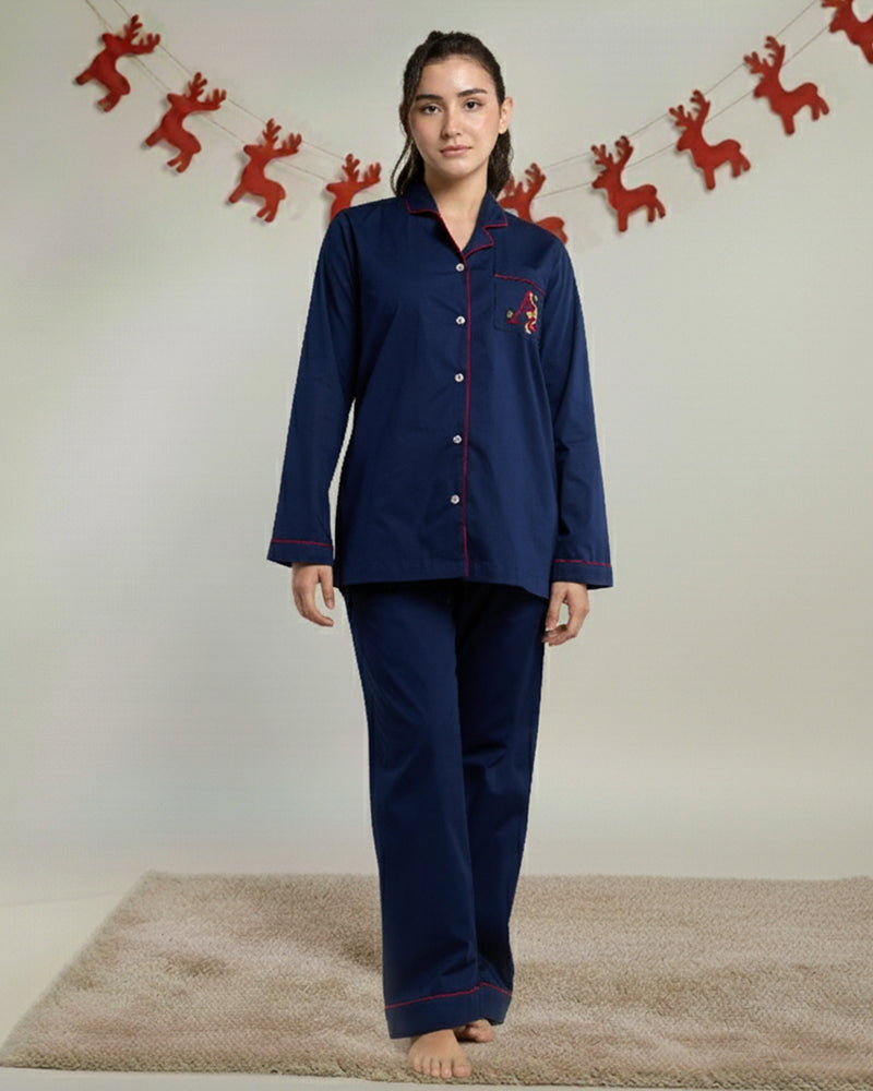 Silent Navy Cotton Notched Collar Pyjama Set