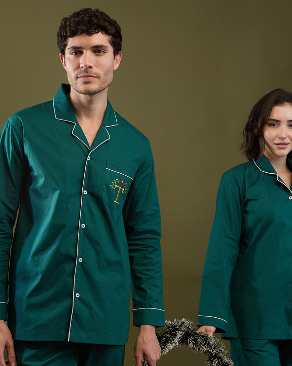 Pine Green Cotton Notched Collar Pyjama Set - Men