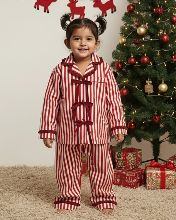 Cranberry Stripe Tie Up Cotton Pyjama Set