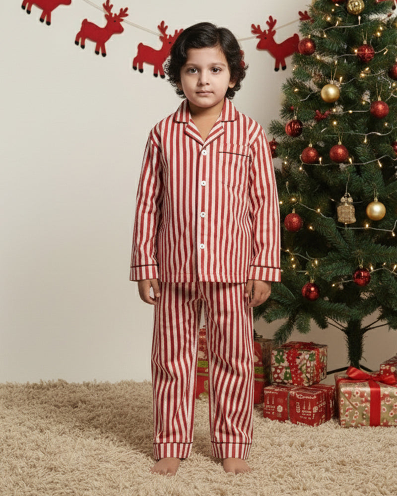 Cranberry Stripe Cotton Notched Pyjama Set - Kids
