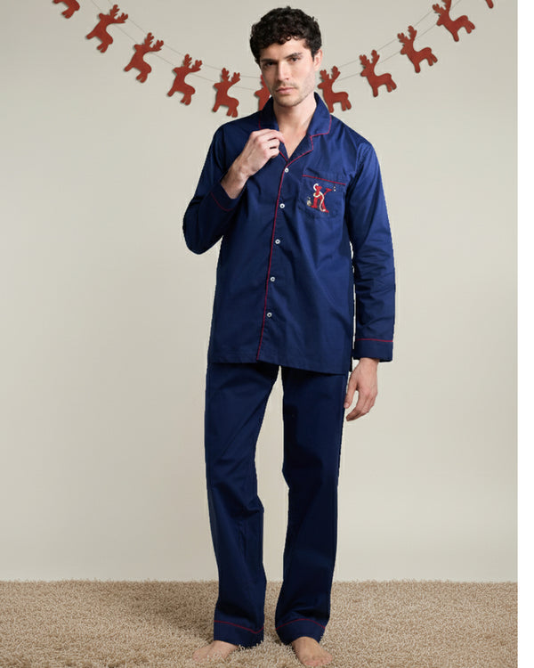 Silent Navy Cotton Notched Collar Pyjama Set - Men