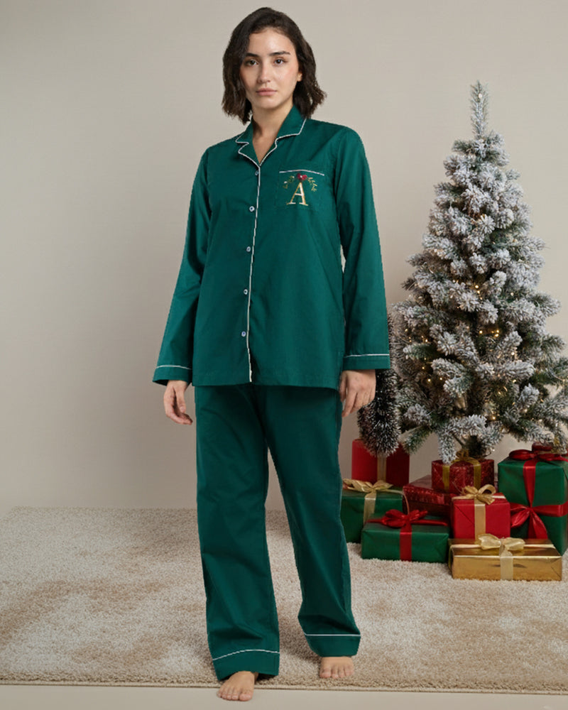Pine Green Cotton Notched Collar Pyjama Set
