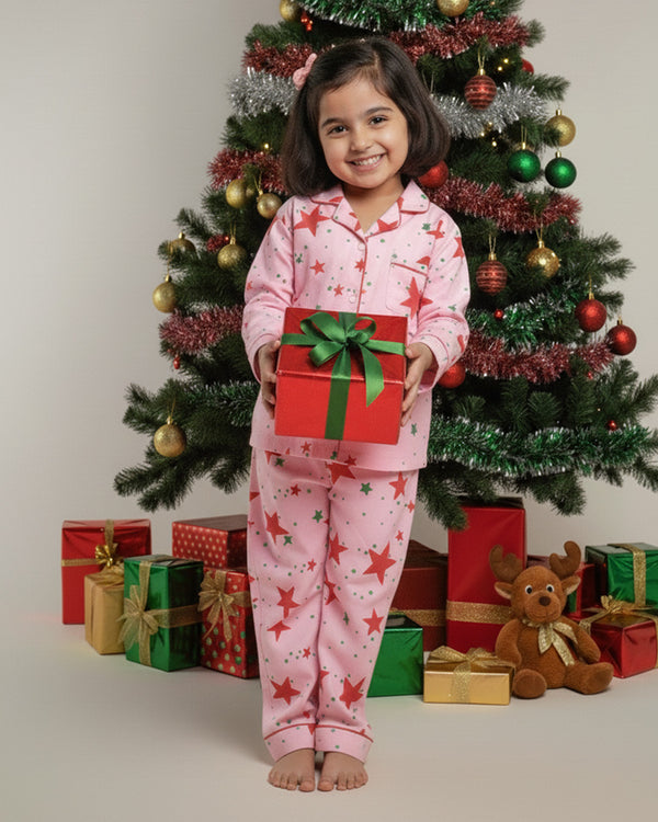 Pink Stardust Cotton Notched Pyjama Set - Kids