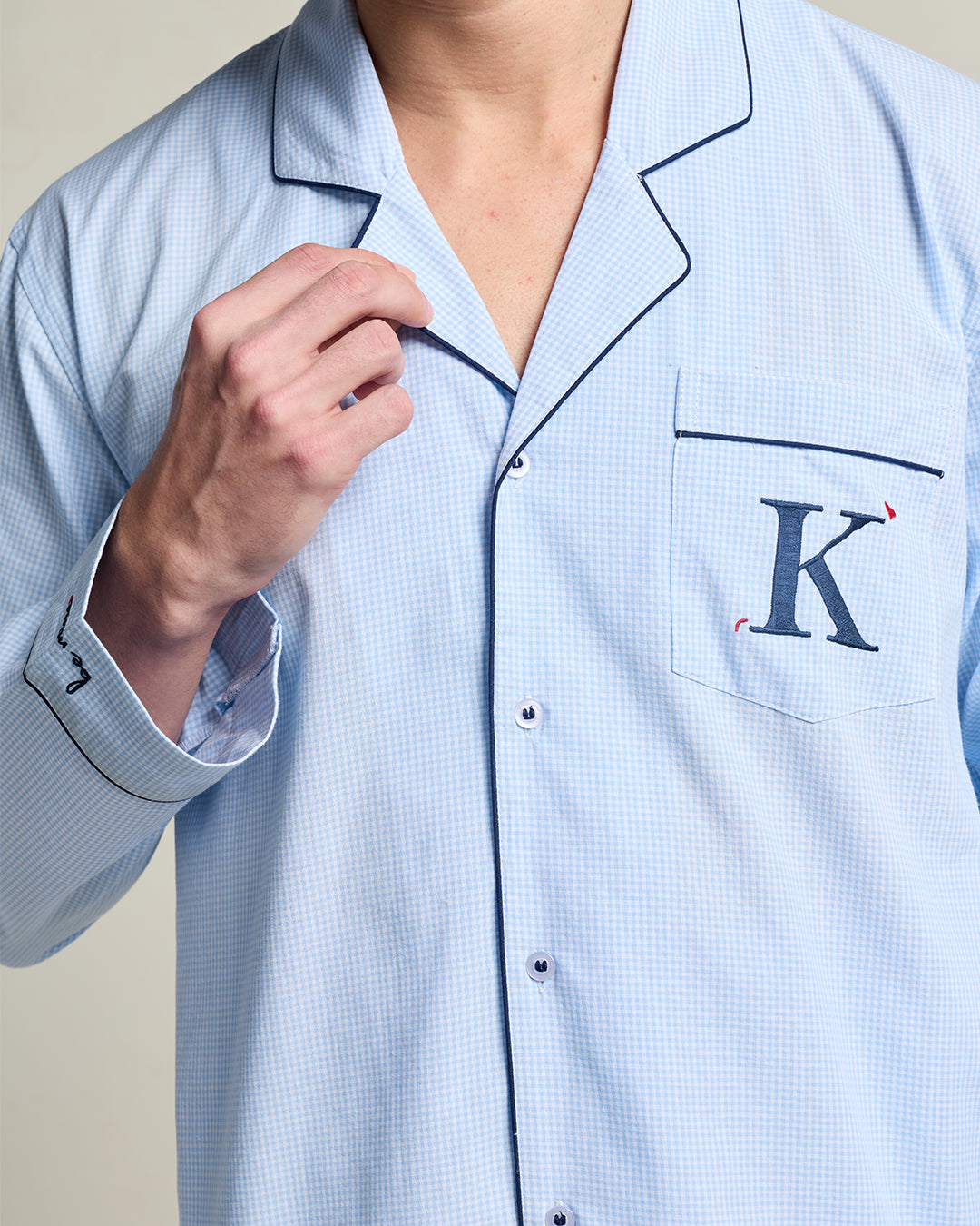 Daybreak Gingham Embroidered Notched Pyjama Set - Men