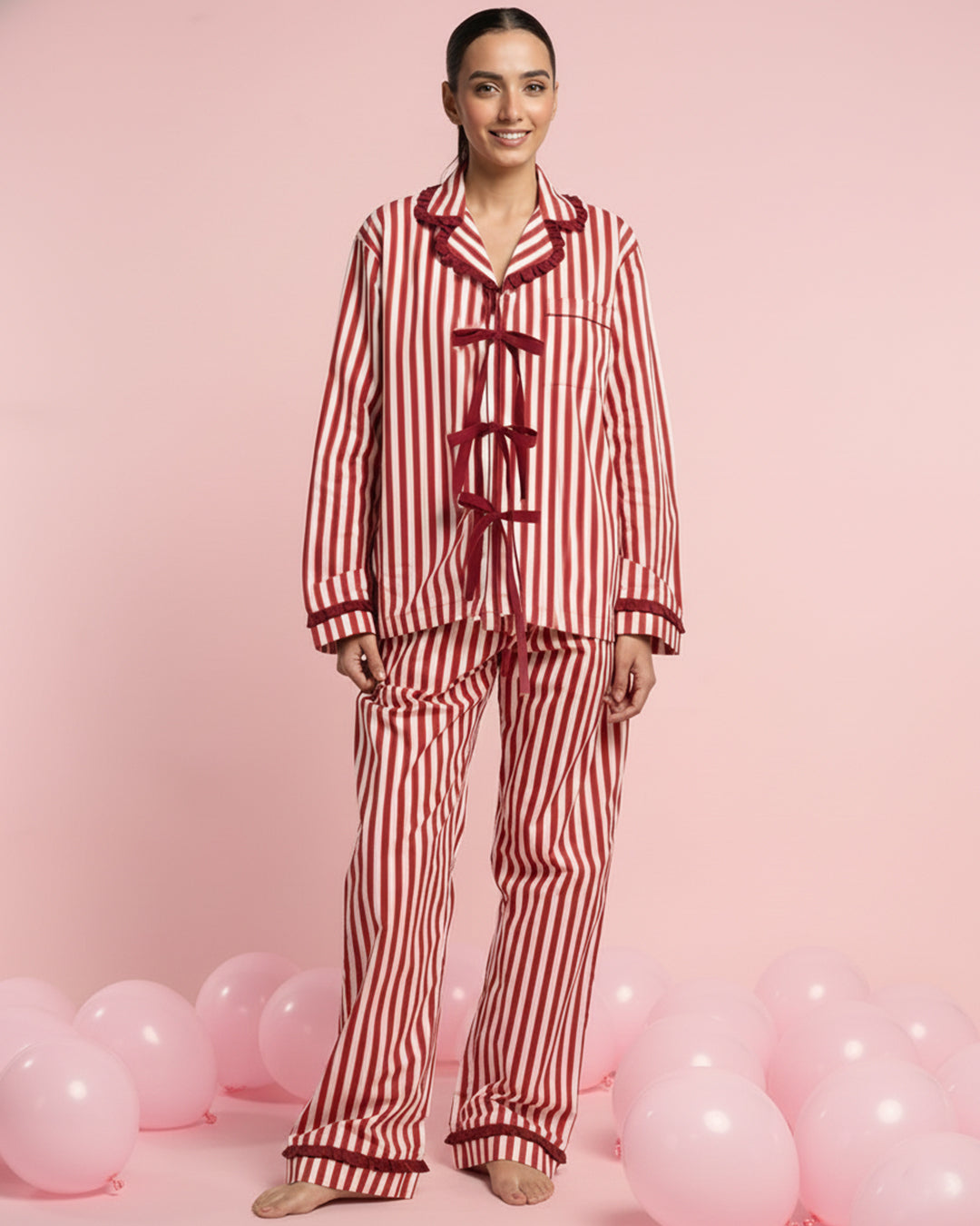 Cranberry Stripe Tie Up Cotton Pyjama Set