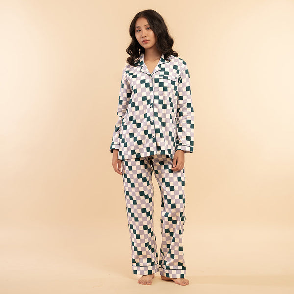 Fable Grid Cotton Notched Collar Pyjama Set