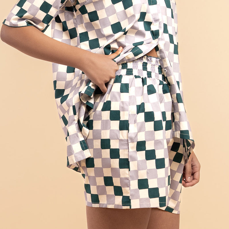 Fable Grid Cotton High Low Shorts Set