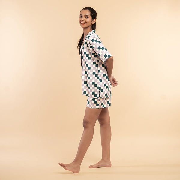 Fable Grid Cotton High Low Shorts Set