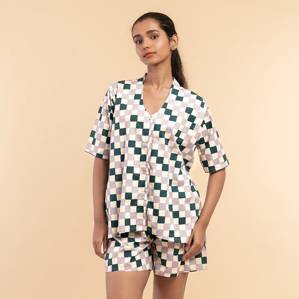 Fable Grid Cotton High Low Shorts Set