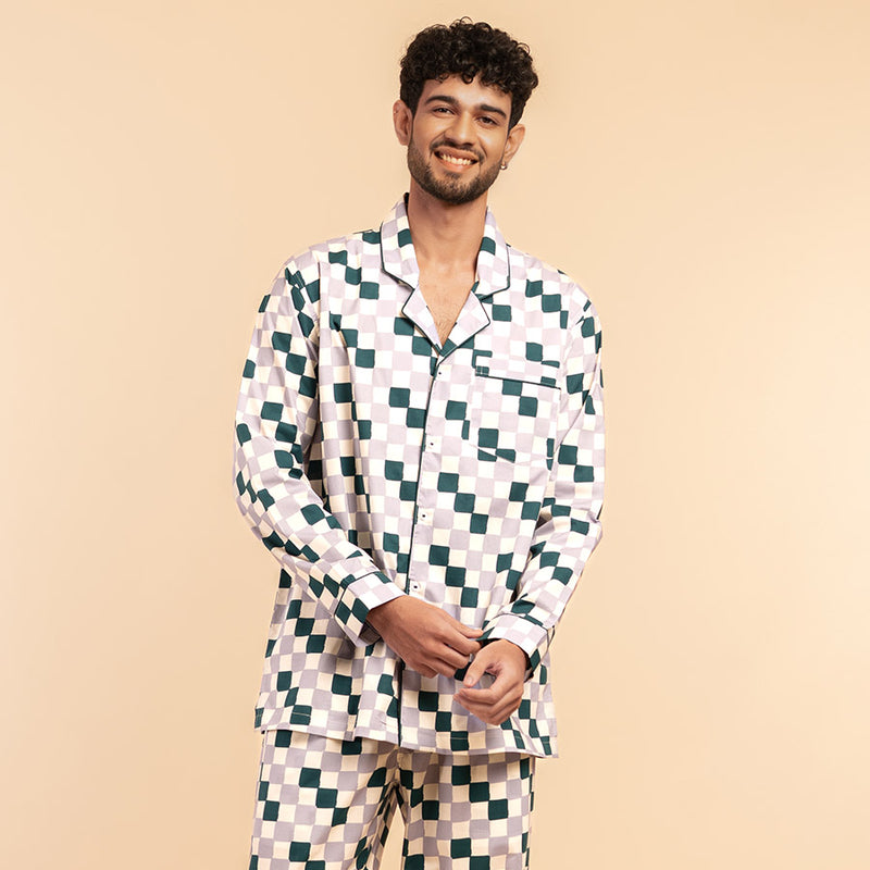 Fable Grid Cotton Notched Pyjama Set-Men